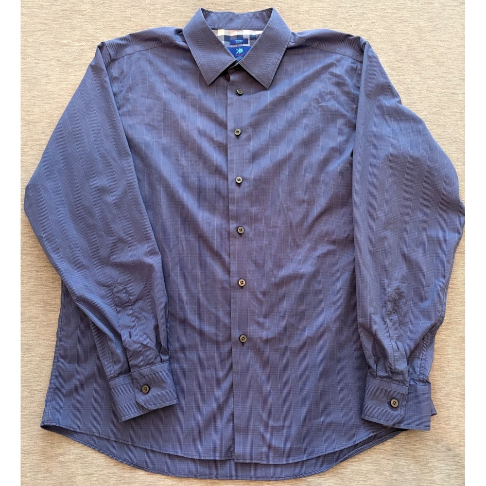 Egara Mens XL Blue Micro Check Slim Fit Non-Iron Stretch Button Down Shirt